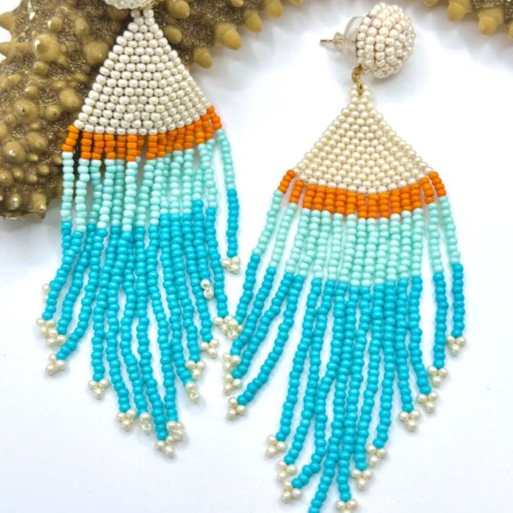 Orange Turquoise Hand Beaded Seed Bead Tassel Tasseled Dangle Earrings New